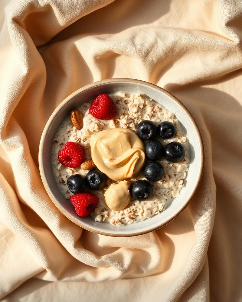 High-protein oatmeal breakfast bowl with sliced berries, chia seeds, and almond butter in a minimalist ceramic bowl