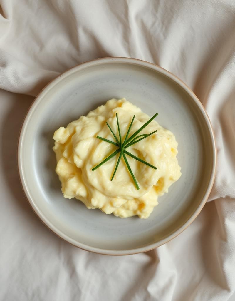 Soft scrambled eggs on artisan sourdough bread with fresh microgreens on a neutral linen backdrop